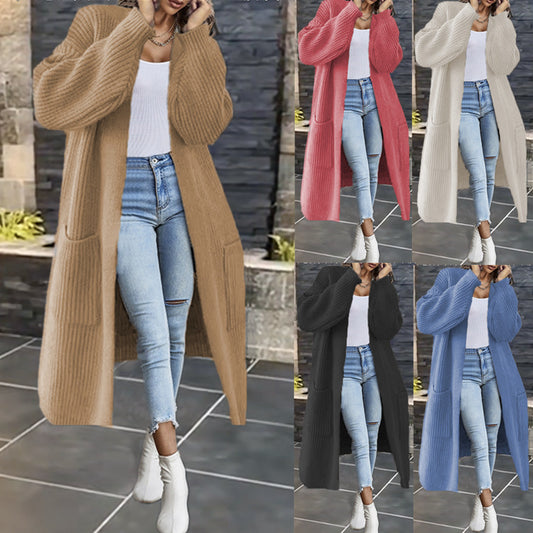 Damen Langer Strickmantel mit grober Rippenstruktur und praktischen Taschen Stalluxe
