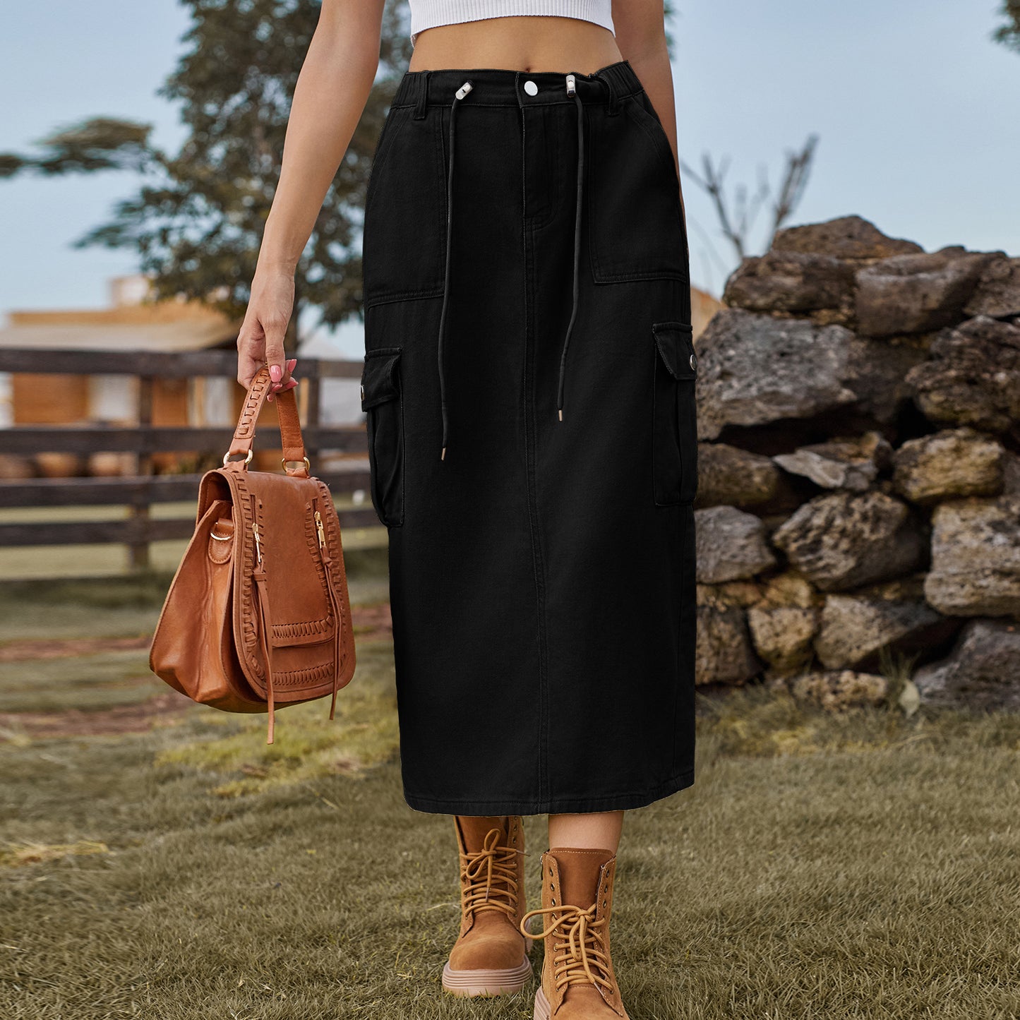 Damen Cargo-Midirock mit praktischen Seitentaschen und verstellbarem Kordelzug Stalluxe