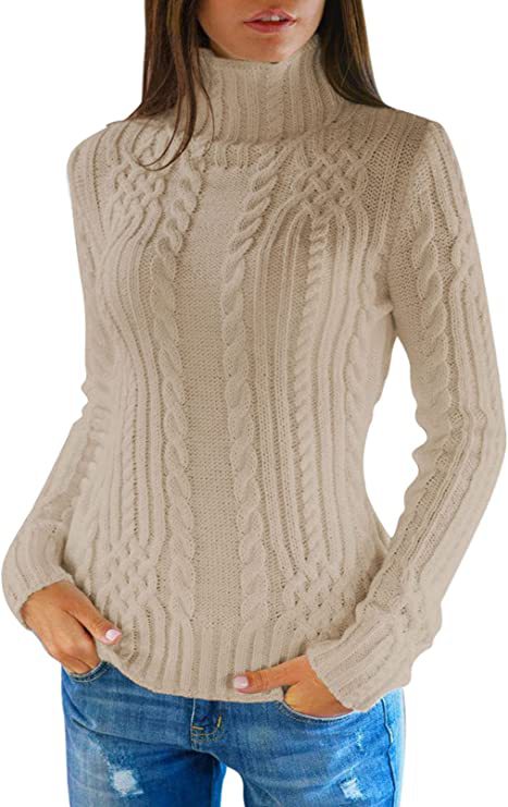 Damen Pullover mit hohem Kragen und Zopfmuster Stalluxe Aprikose
