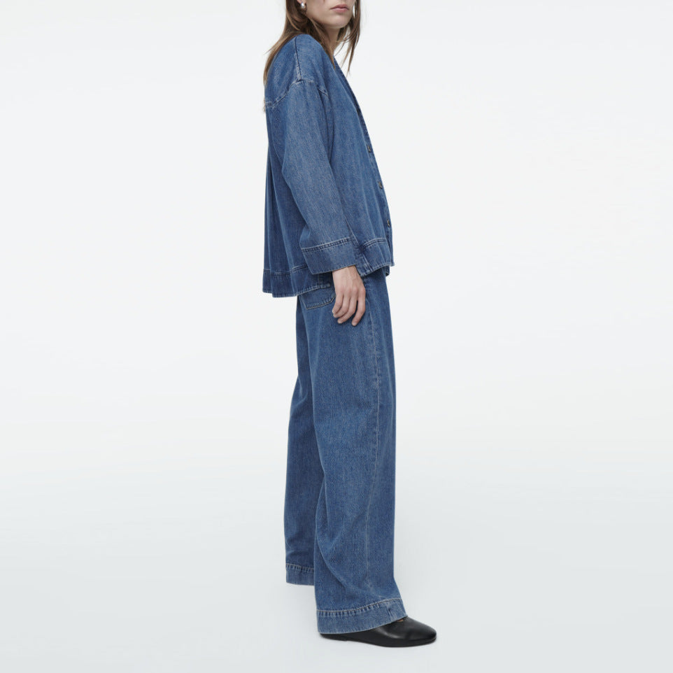 Damen lässiges Denim-Jacket-Hosen-Set mit Übergrößen Stalluxe