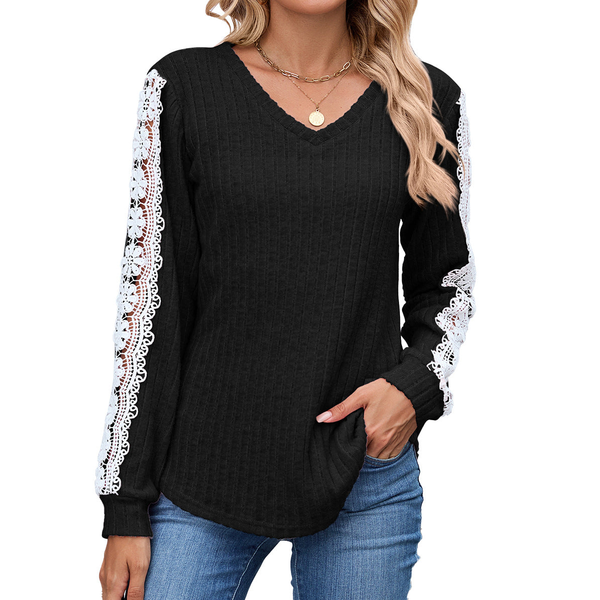 Damen Relaxed Fit V-Ausschnitt Pullover mit Spitzenakzenten Stalluxe