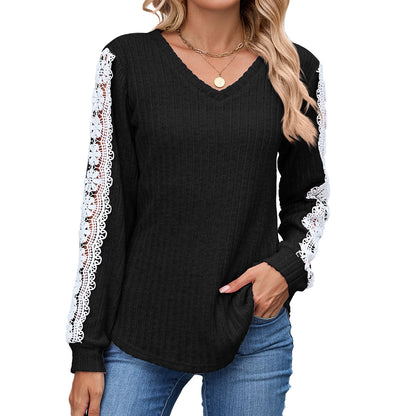 Damen Relaxed Fit V-Ausschnitt Pullover mit Spitzenakzenten Stalluxe