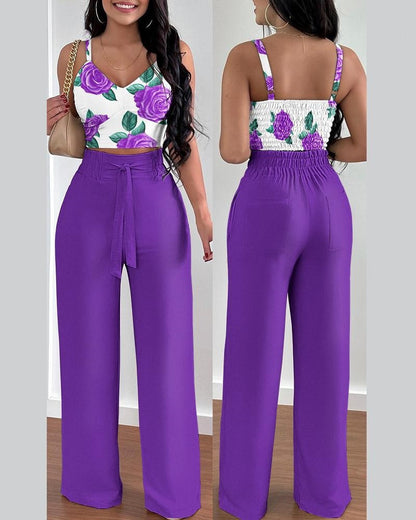 Damen lässiges Set bestehend aus floralem Oberteil mit Rüschen und weitem Hosen Stalluxe