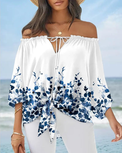 Damen Off-Shoulder Bluse mit floralem Design und Bindegürtel Stalluxe