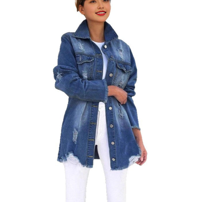 Damen lässige Oversized Denim-Jacke im Used-Look mit fransigen Saum Stalluxe