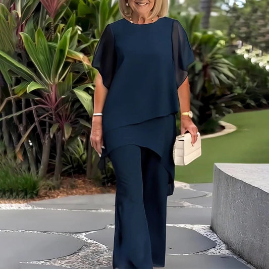 Damen elegantes Ensemble aus fließendem Oberteil und weitem Hose Stalluxe