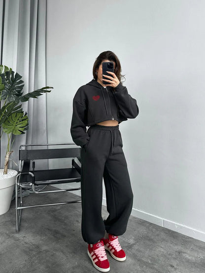 Damen cropped Kapuzenpullover und entspannte Jogginghose Set Stalluxe