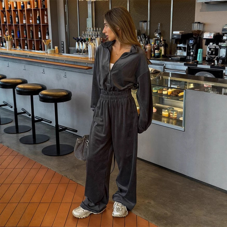 Damen eleganter Fleece-Jumpsuit mit hohem Kragen und Kordelzug Stalluxe