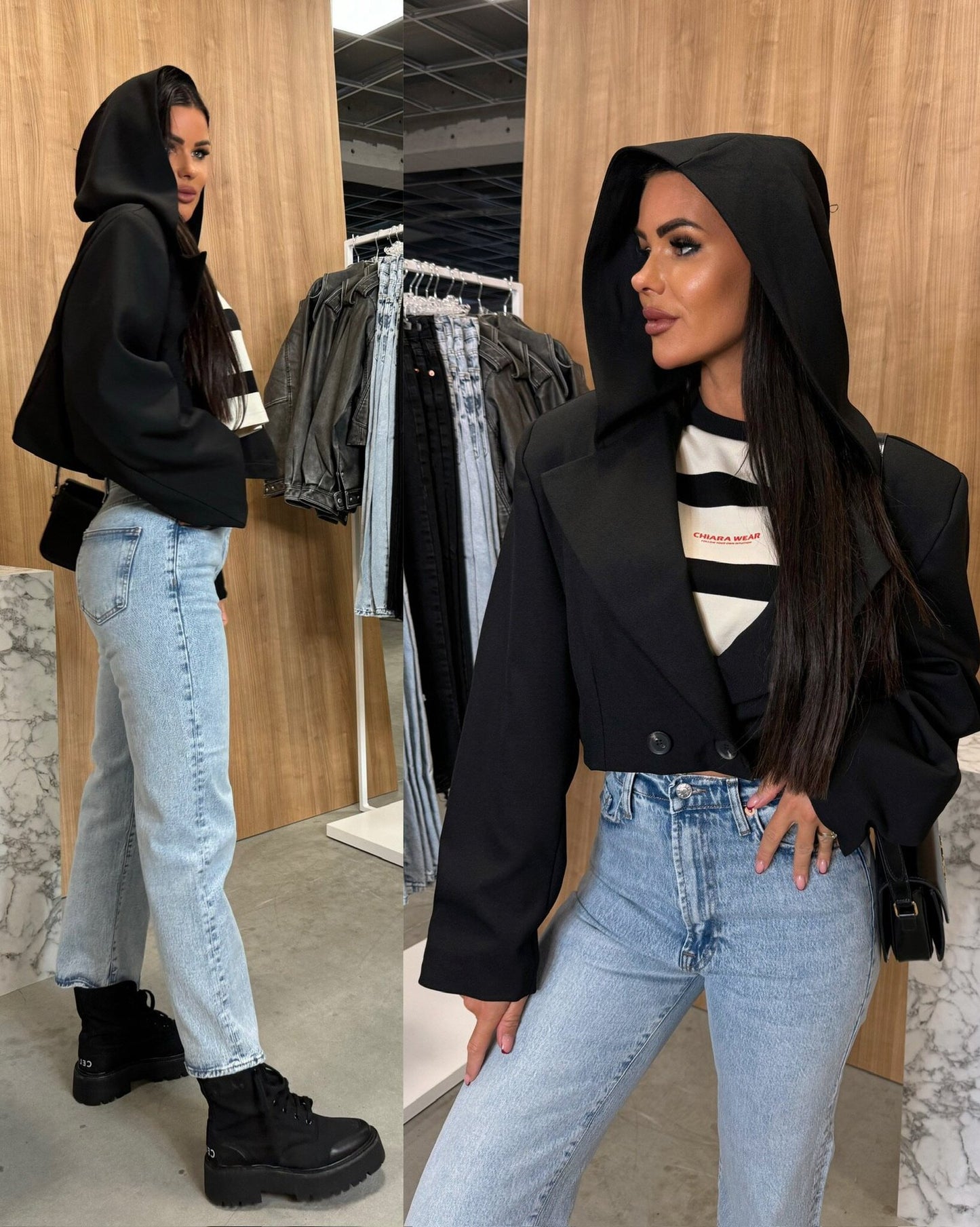 Damen Modische Kapuzenjacke im Oversize-Schnitt mit doppelter Knopfverschluss Stalluxe