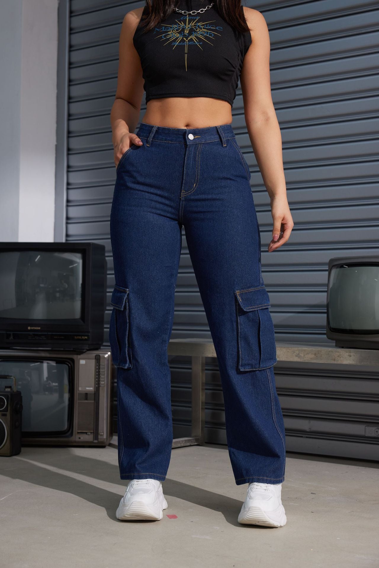 Damen Cargo-Jeans mit hoch tailliertem Schnitt und praktischen Taschen Stalluxe