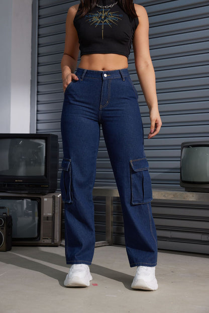 Damen Cargo-Jeans mit hoch tailliertem Schnitt und praktischen Taschen Stalluxe