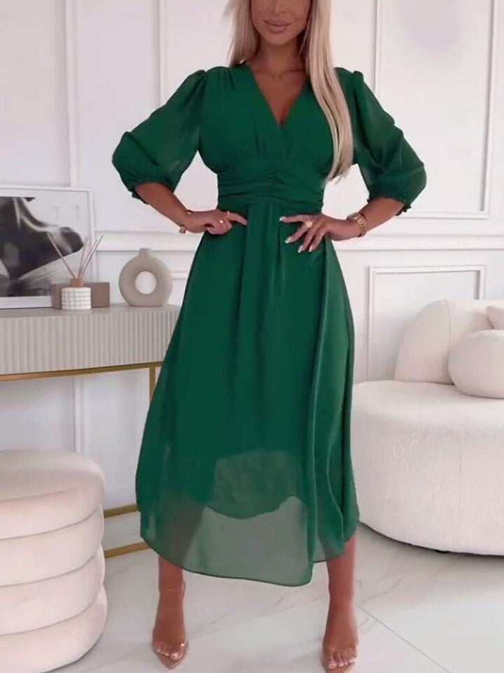 Damen Midikleid mit raffiniertem V-Ausschnitt und Puffärmeln Stalluxe