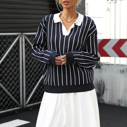 Damen knit Pullover mit eleganter Kragen und Streifenmuster Stalluxe