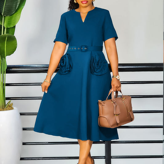 Damen Midi-Kleid mit dekorativen Blumenapplikationen und Taillengürtel Stalluxe