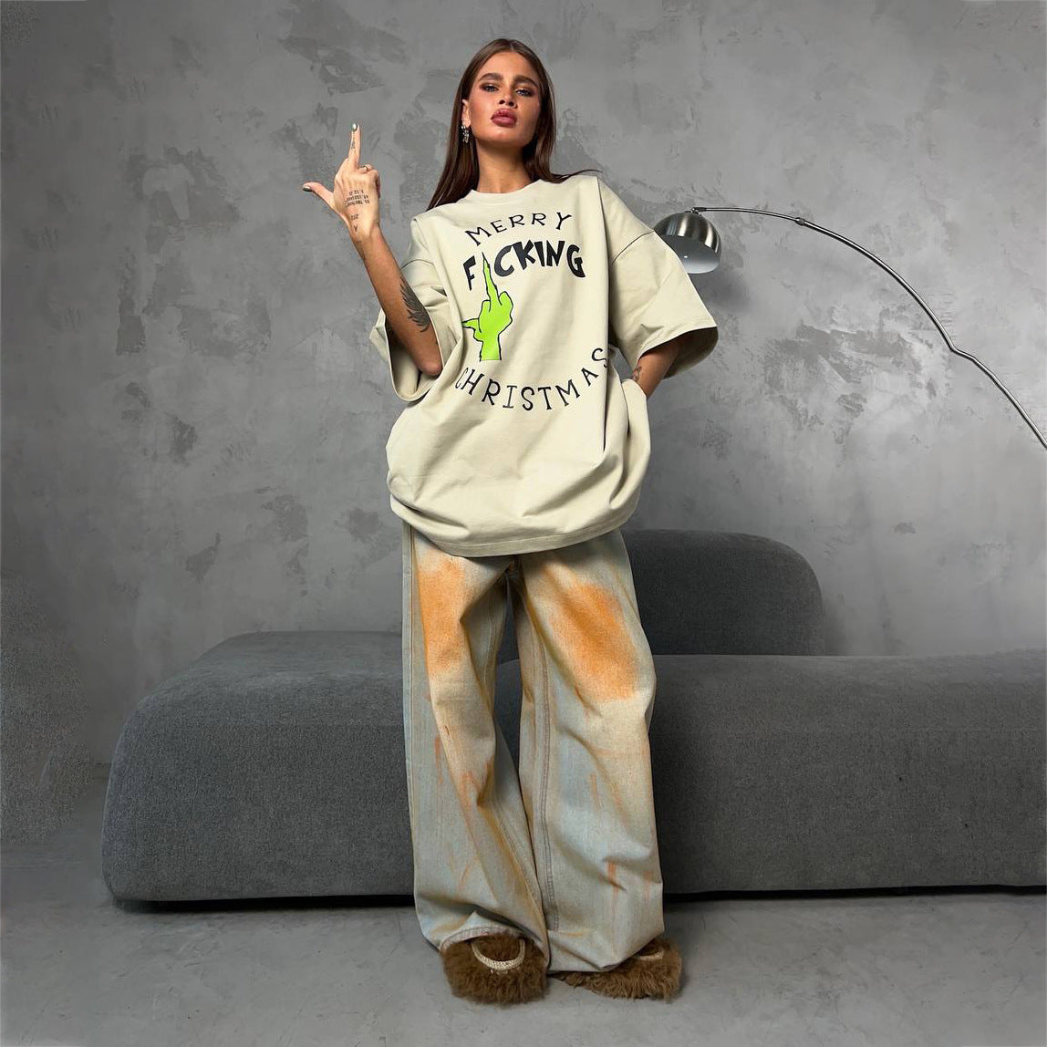 Damen Oversized T-Shirt mit auffälligem Grafikdruck und lässigem Schnitt Stalluxe Khaki