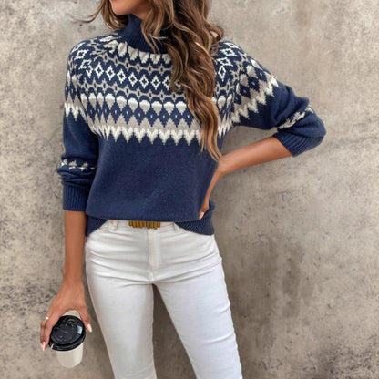 Damen Strickpullover mit hohem Kragen und winterlichem Muster Stalluxe