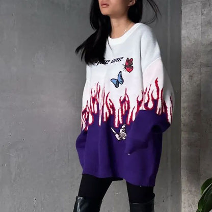 Damen Grobstrickpullover mit einzigartigem Flammen- und Schmetterlingsdesign Stalluxe
