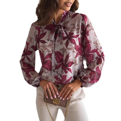 Damen elegante Bluse mit floralem Design und schickem Schleifenkragen Stalluxe