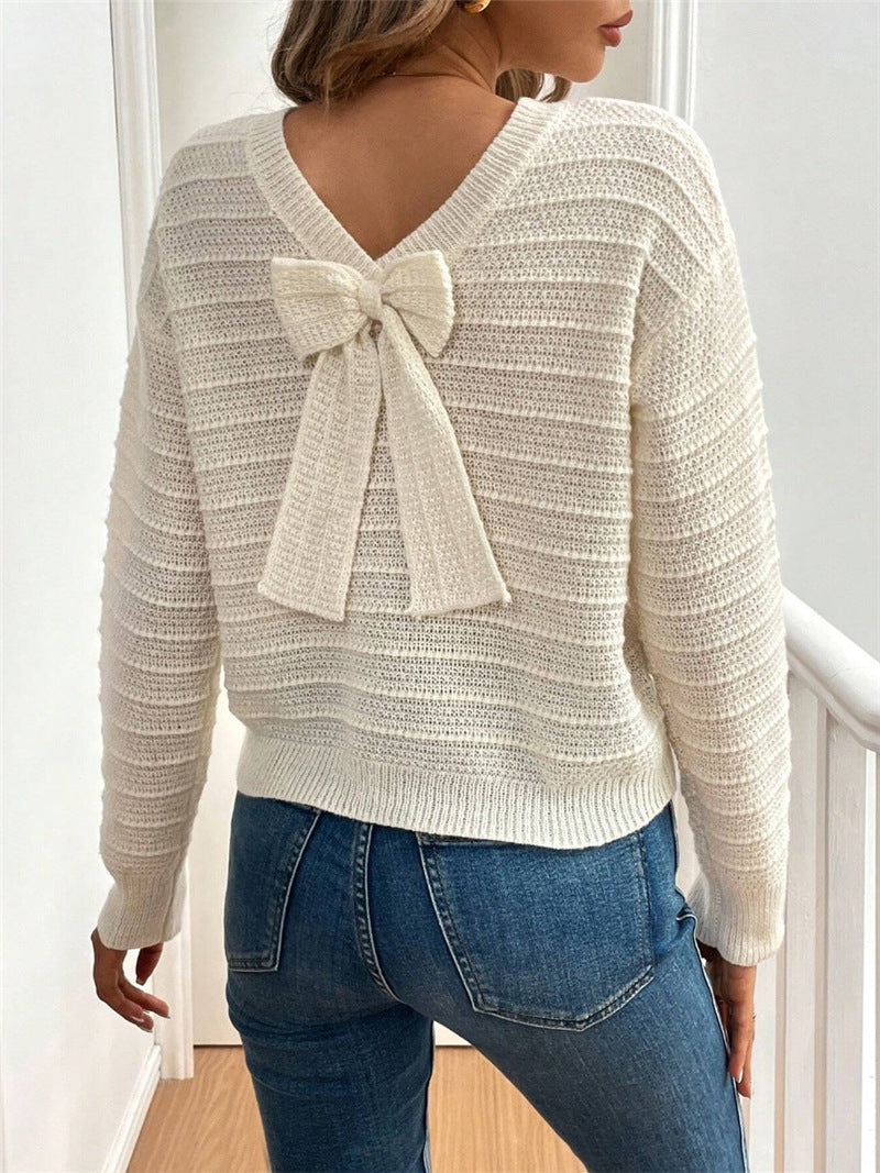 Damen Strickpullover mit V-Ausschnitt und dekorativem Schleifenelement Stalluxe