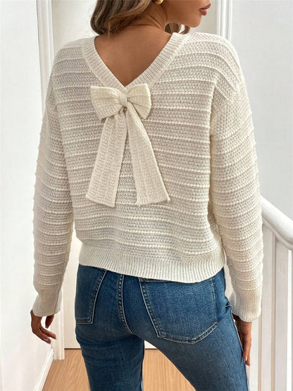Damen Strickpullover mit V-Ausschnitt und dekorativem Schleifenelement Stalluxe