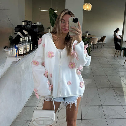 Damen Strickjacke mit floralem 3D-Design und V-Ausschnitt Stalluxe