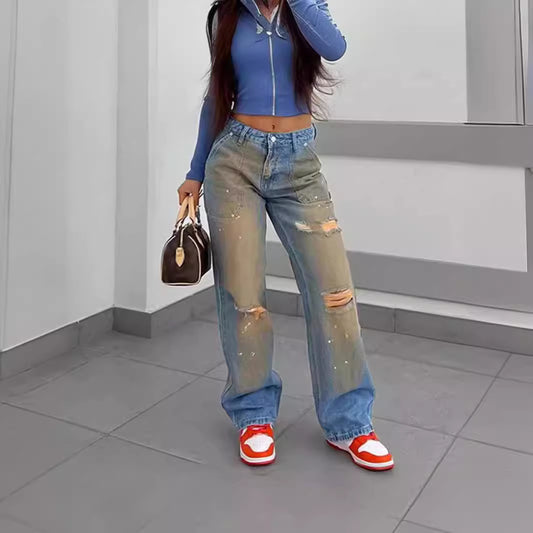Damen Vintage Destroyed Jeans im Modischen Farbverlauf Stalluxe