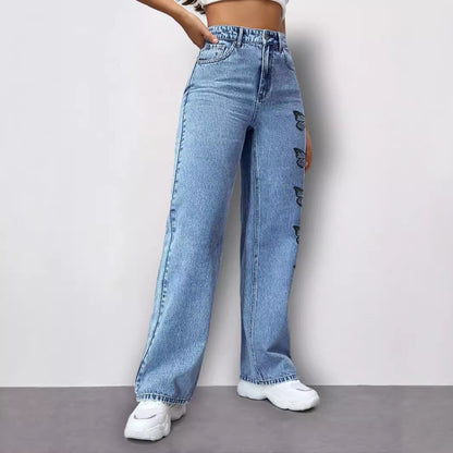 Damen Weit geschnittene Jeans mit modischem Schmetterlingsdesign Stalluxe