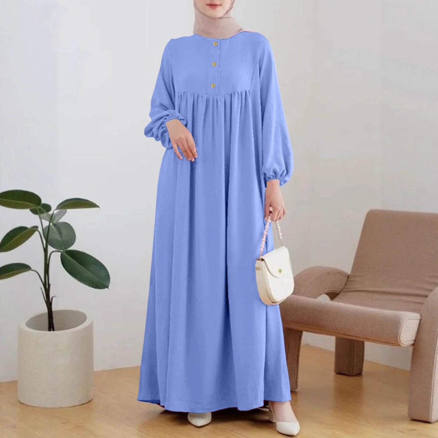 Damen luftiges Maxikleid mit bequemer Knopfleiste und eleganten Puffärmeln Stalluxe