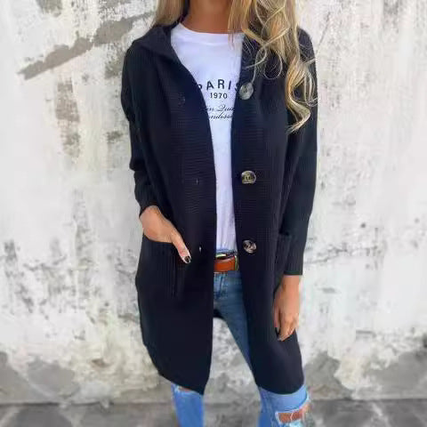 Damen Strickmantel mit großzügiger Kapuze und großen Taschen Stalluxe