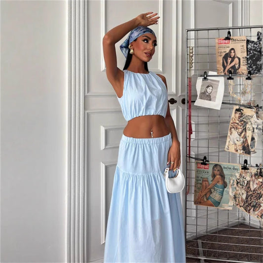 Damen Cropped Top und Maxi-Rock Set mit elastischem Bündchen und Volant Stalluxe