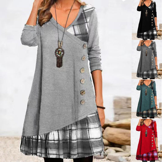 Damen asymmetrisches Freizeitkleid mit kariertem Saum und Knopfdetail Stalluxe
