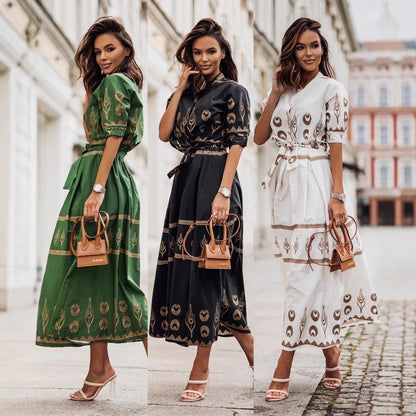 Damen Elegantes Maxikleid mit kunstvollen Musterdetails und Taillengürtel Stalluxe