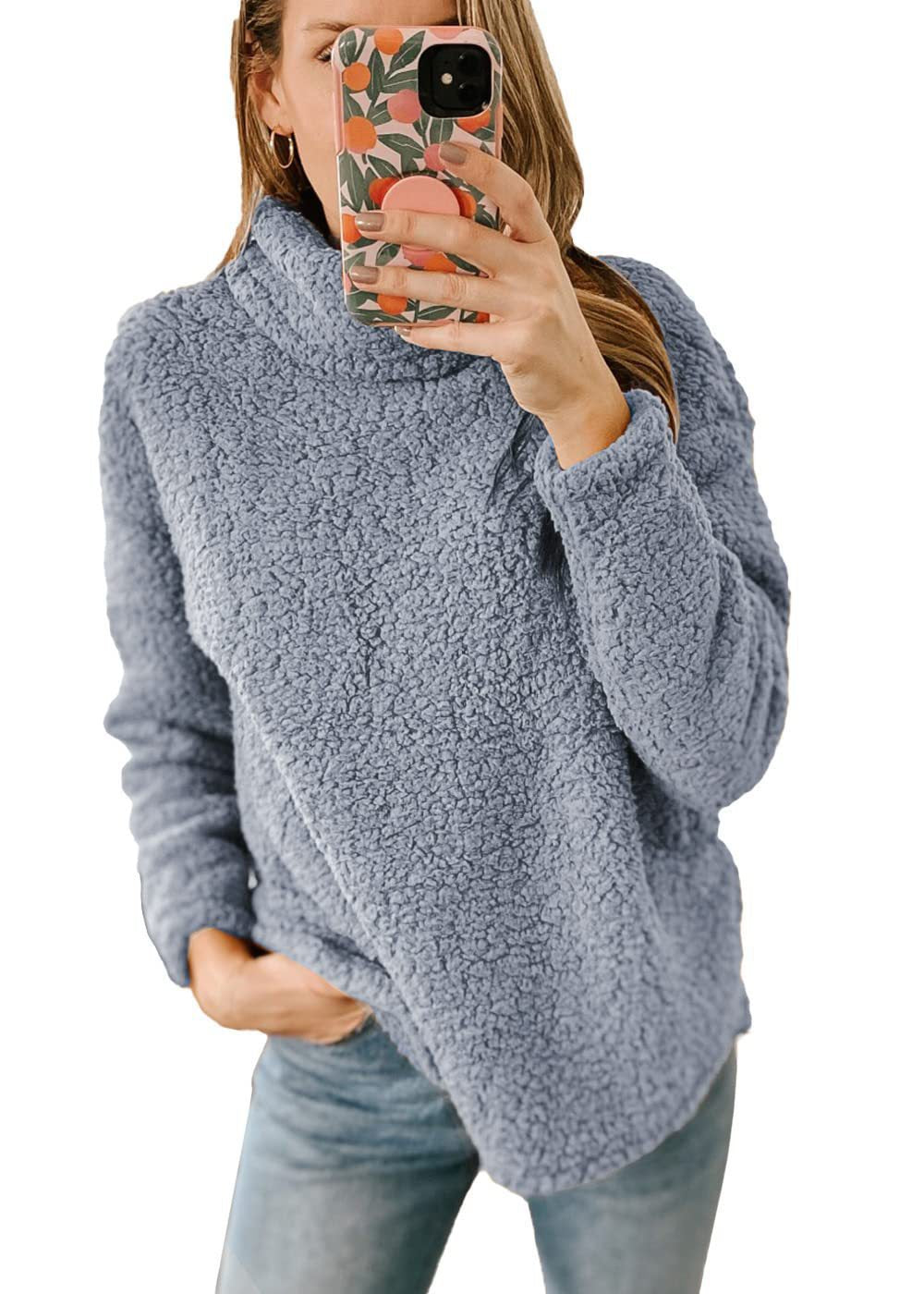 Damen Kuscheliger Sweatshirt-Pullover mit hohem Kragen und strukturiertem Fleece Stalluxe Hellgrau