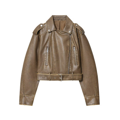 Damen modische Bikerjacke im Vintage-Look mit Taillengürtel und Reißverschlusstaschen Stalluxe