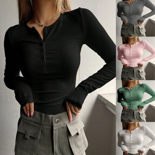 Women's Ribbed Long Sleeve Henley Top Stalluxe