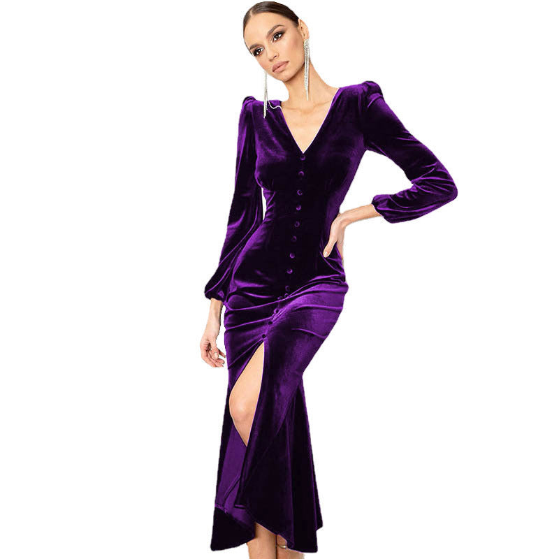 Damen Elegantes Maxikleid mit tiefem V-Ausschnitt und Knopfdetail Stalluxe