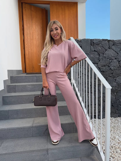 Damen elegantes, rippstrukturiertes Lounge-Set mit weitem Schnitt und kurzen Ärmeln Stalluxe