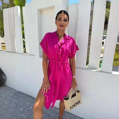 Damen Kurzarm Hemdblusenkleid mit Taillenzug Stalluxe Magenta