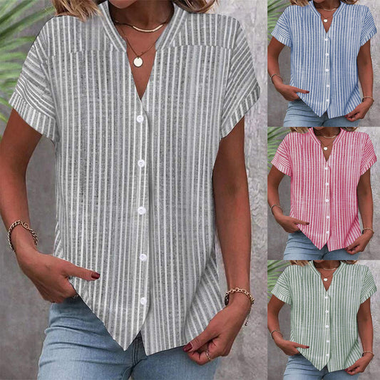 Damen Kurzarm-Bluse mit V-Ausschnitt und Streifenmuster Stalluxe