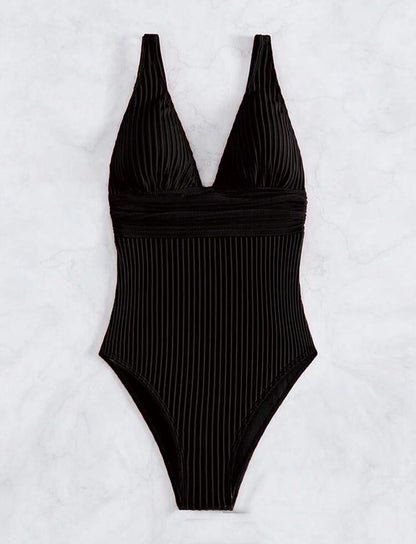 Damen Einteiler Badeanzug mit raffiniertem Rippendesign und tiefem V-Ausschnitt Stalluxe