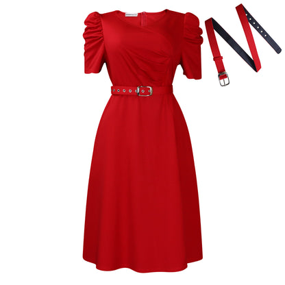 Damen Midi-Kleid mit voluminösen Puffärmeln und schickem Taillengürtel Stalluxe
