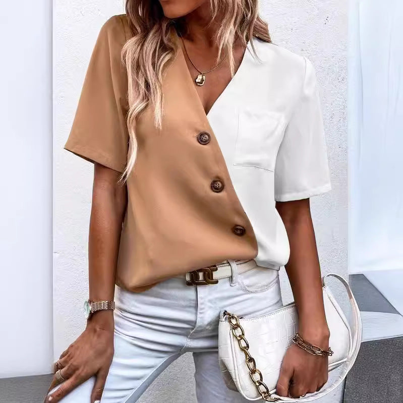 Damen Chice Hemdbluse mit asymmetrischem Farbdesign und Knopfdetails Stalluxe