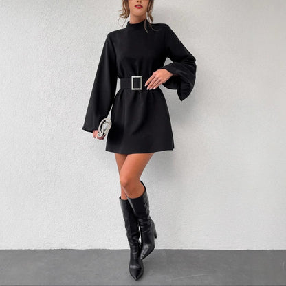 Damen elegante Minikleidung mit Gürtel und langen Ärmeln Stalluxe