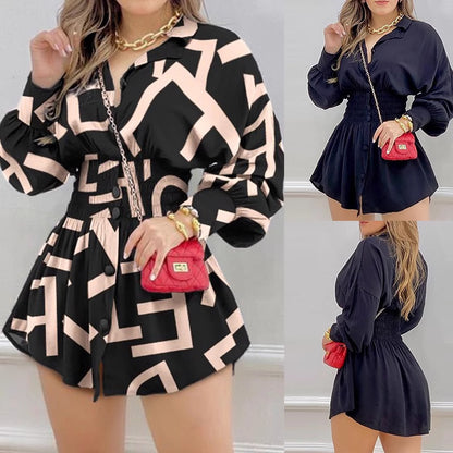 Damen Modisches Hemdblusenkleid mit tailliertem Schnitt und grafischem Muster Stalluxe