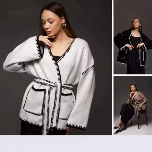 Damen Komfortabler Strickmantel mit Gürtel und praktischen Taschen Stalluxe