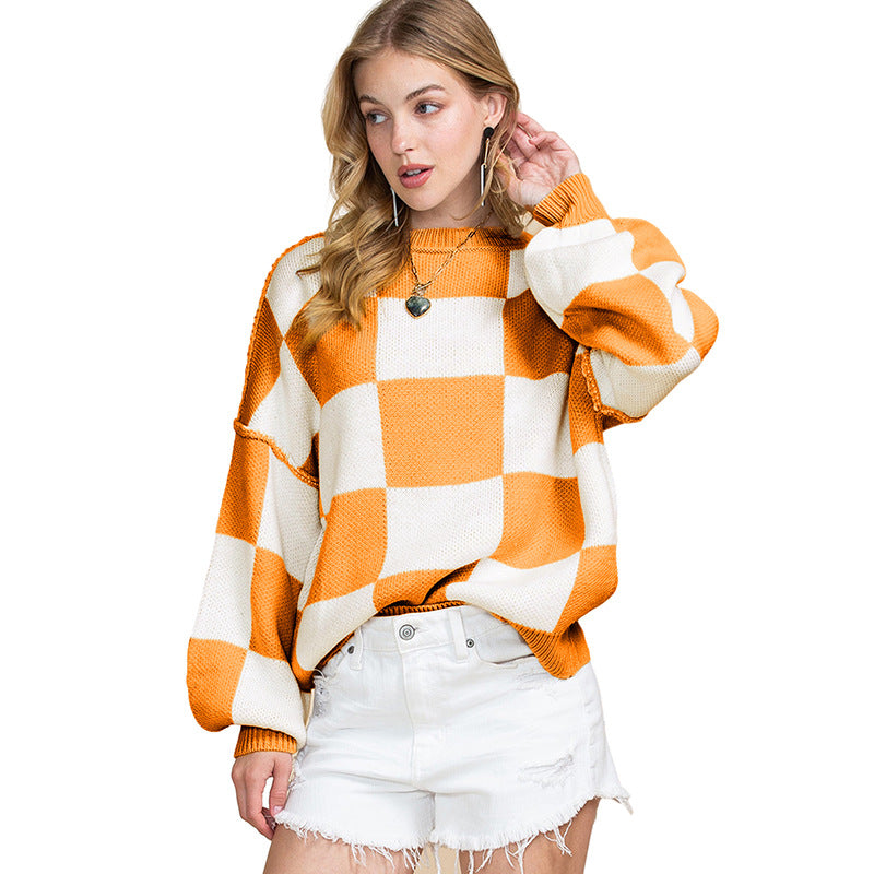Damen Oversized Pullover mit Karomuster und voluminösen Ärmeln Stalluxe