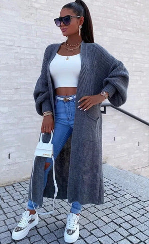 Damen Langer Strickcardigan mit weiten Ärmeln und praktischen Taschen Stalluxe