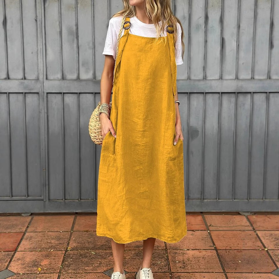 Damen Leichte Leinenkleid mit Taschen Stalluxe