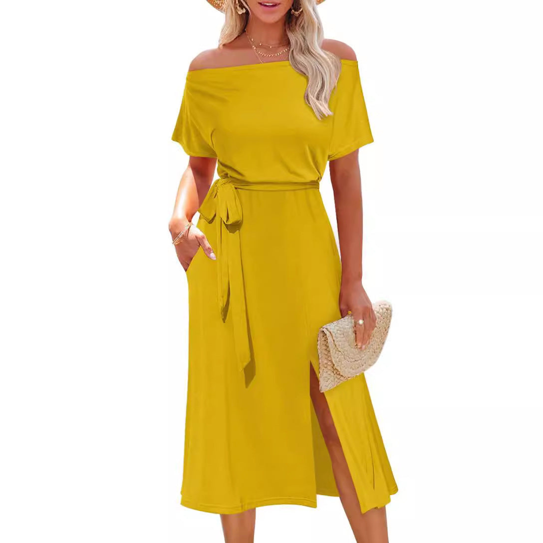 Damen Off-Shoulder Midikleid mit Taillengürtel und praktischen Taschen Stalluxe
