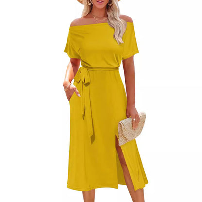 Damen Off-Shoulder Midikleid mit Taillengürtel und praktischen Taschen Stalluxe